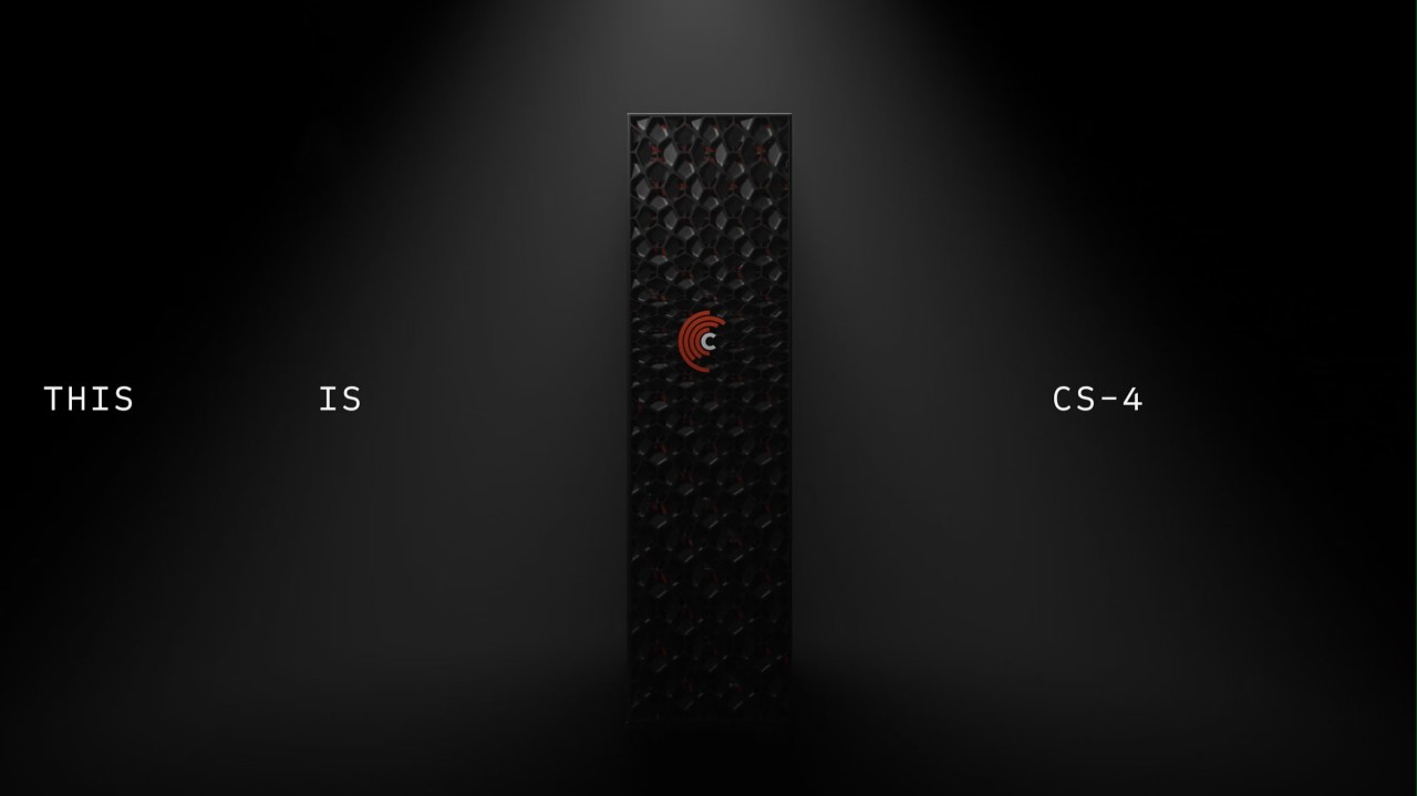 A Cerebras CS-4 rack against a dark background